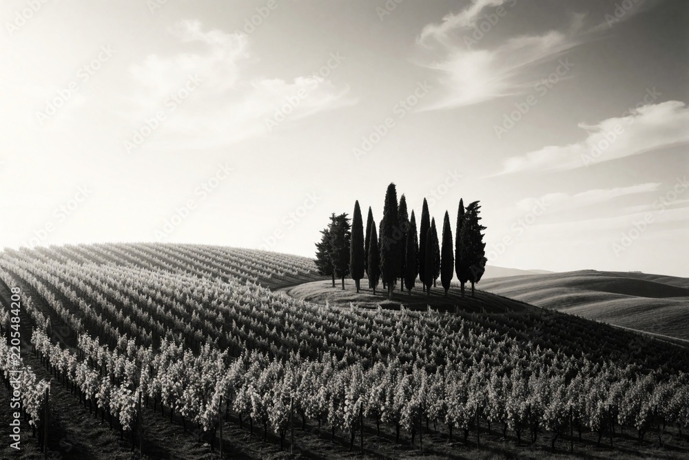 Obraz premium Black and white view of rolling hills with neat rows of fruit trees. A line of cypress trees stands against the sky. Peaceful countryside scene.