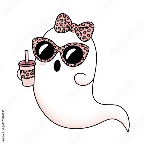 Cute girly Halloween ghost with leopard bow, sunglasses and coffee, isolated on transparent background. Happy Halloween. PNG. Vector illustration