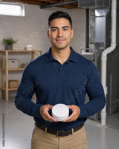Latino inspector presenting a sealed passive kit for home radon testing in a tidy basement