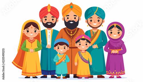 Diverse Indian Family Portrait in Traditional Attire with Turbans Cartoon Vector Illustration for Cultural Design