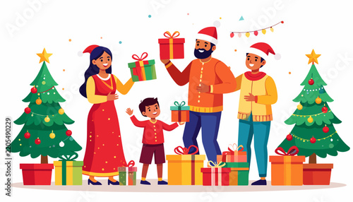 Happy Family Celebrating Christmas Together with Gift Boxes and Christmas Trees in Flat Vector Illustration Style