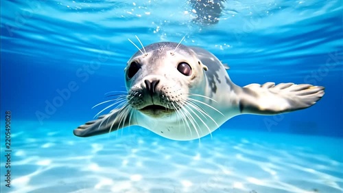 A cute seal swims gracefully in the clear blue ocean water