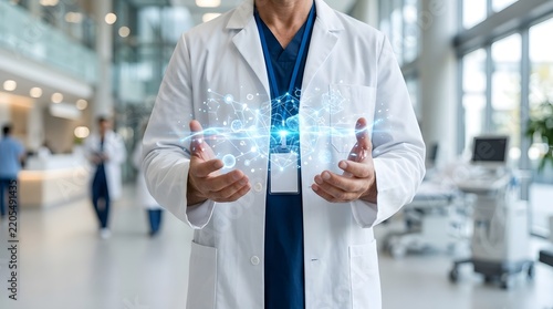 Doctor presenting a glowing abstract digital light data projection in a clean modern hospital setting with medical technology