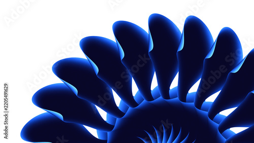 Elegant deep blue abstract 3D petal formation with glossy fluid ribbons radiating outward, ideal for modern design.