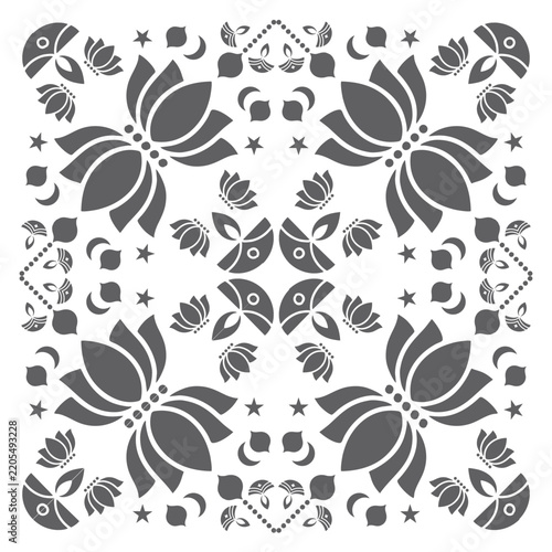 Symmetrical grey ornamental design featuring lotus flowers and oil lamps for Indian celebrations