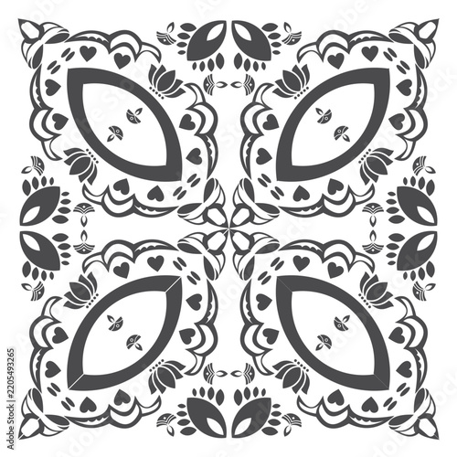Symmetrical monochrome ethnic mandala pattern with lotus and heart motifs for textile design