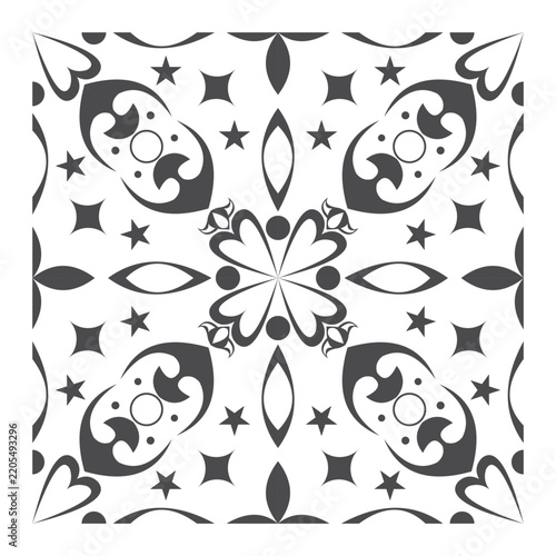 Elegant black and white symmetrical floral tile ornament with star and heart decorative elements