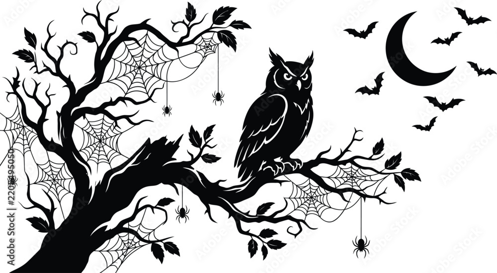 Fototapeta premium Halloween owl on a spooky tree with cobwebs and bats under a crescent moon