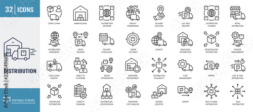distribution icon set. Including fleet management, cost analysis, customized delivery solution, value added, hub and spoke model. Vector illustration with editable stroke