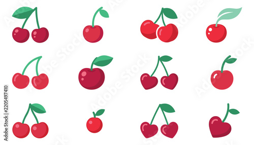 Red cherry fruit collection set with various fresh double and single cherries cartoon vector illustrations isolated on white background