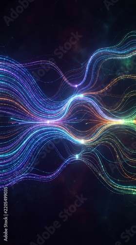 Colorful Flowing Light Strands and Data Streams Converging in Dark Space, Abstract Technology Background

