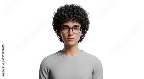 Young man with curly hair and glasses looking forward illustration