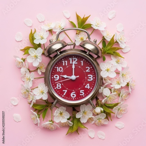 A clock surrounded by white flowers on a pink background illustration