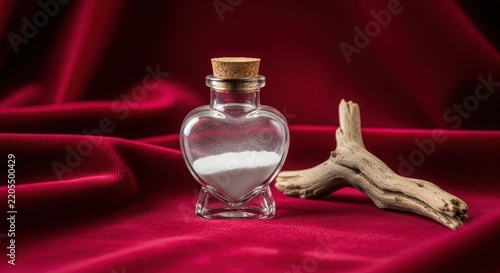 A heart shaped glass bottle with a cork stopper on a red cloth illustration