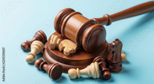 A gavel and chess pieces on a blue background illustration