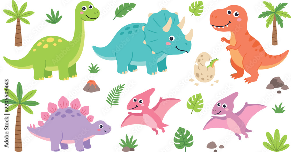 Obraz premium Cute Dinosaur Vector Character Set Featuring Tyrannosaurus Triceratops Stegosaurus Brachiosaurus and Pterodactyl with Tropical Leaves for Kids Education Design Elements