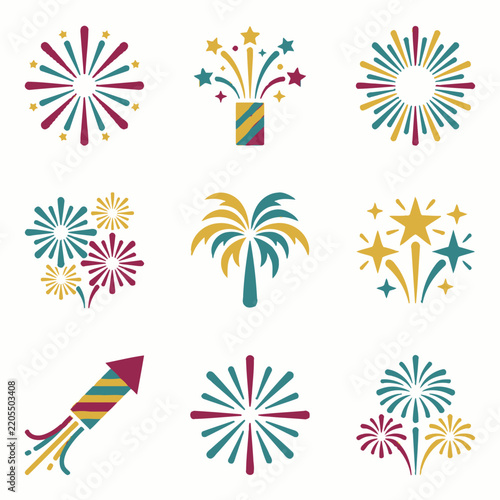 Set of stylized firework and celebration icons in teal yellow and burgundy