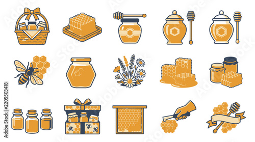 Sweet honey products and beekeeper tools collection