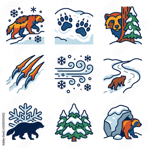 Wild animal winter forest nature icons and symbols
