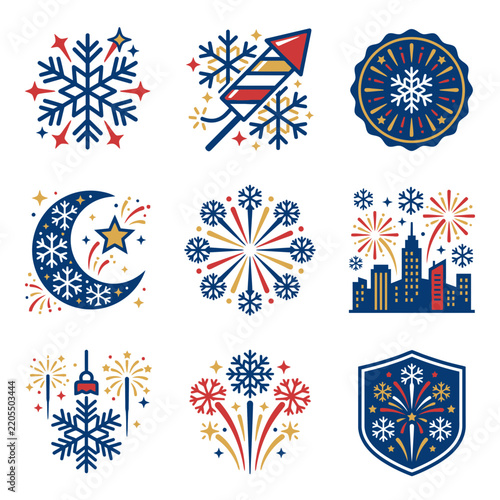 Winter celebration icons snowflake fireworks cityscape moon star festive design elements