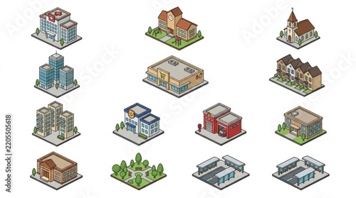 Clean Isometric Pixel Art Buildings Set Featuring Diverse Architecture Styles in Bright Colors Including Residential Commercial and Religious Structures