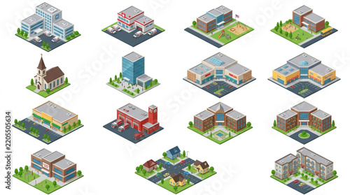 Clean Isometric Pixel Art Collection of Diverse Buildings and Structures in Bright Colors for Design Projects