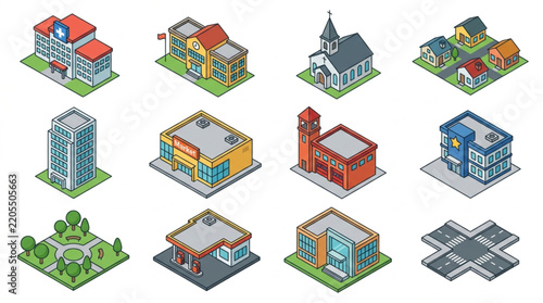 Clean Isometric Set of 12 Colorful Buildings and Urban Elements Including Residential Commercial Church and Road Structures