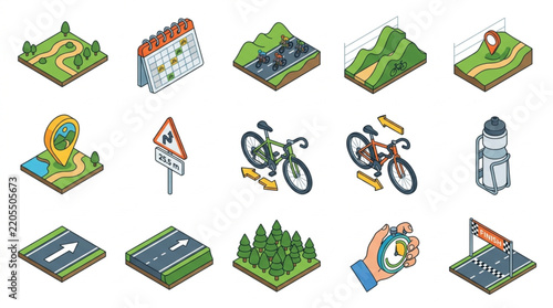 Clean Isometric Set of 15 Vibrant Cycling and Outdoor Adventure Icons with high quality professional line art symbols for modern creative design and digital branding projects