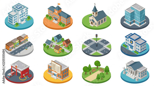 Clean Isometric Set of Diverse Buildings and Urban Scenes with Bright Colors and Detailed Elements