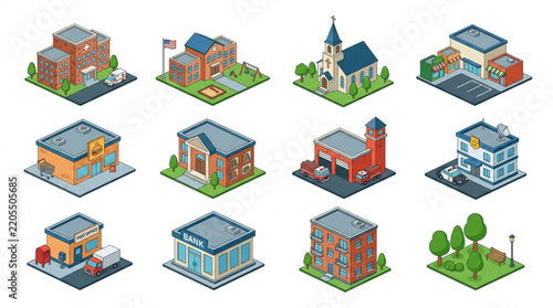 Clean Isometric Set of Colorful Diverse Buildings and Structures for Design Projects with high quality professional line art symbols for modern creative design and digital branding projects