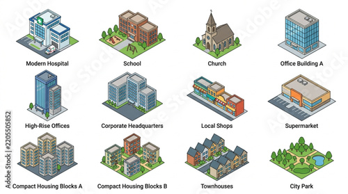 Corporate and Residential Cityscape Featuring Modern Buildings Schools Churches Offices Housing Blocks and Parks