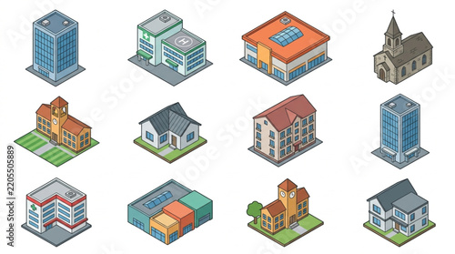 Corporate and Residential Isometric Buildings Collection Featuring Modern Skyscrapers Churches Houses and Office Buildings in Various Colors