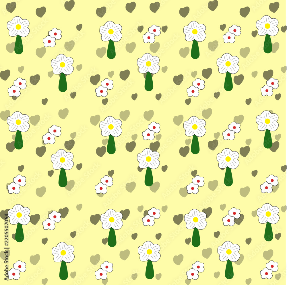 Seamless pattern white flowers green stems, small red blossom accents ...
