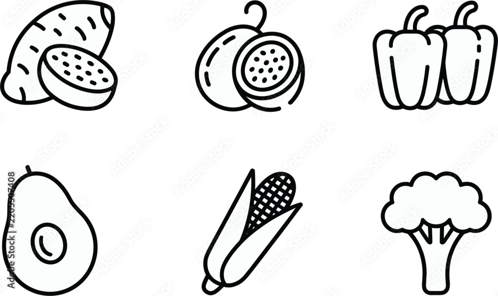 Fototapeta premium Minimalist black outline fresh vegetables and fruits icons set, isolated organic grocery sweet potato passion fruit and avocado vector illustration elements pack