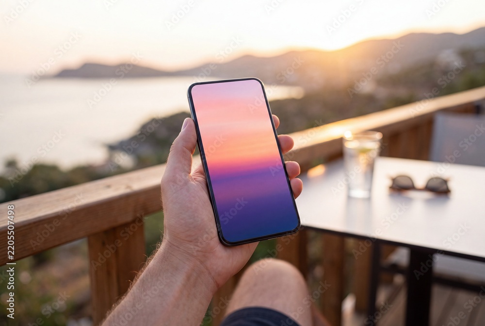 Obraz premium Person Holding Smartphone with Colorful Sunset Screen on Balcony