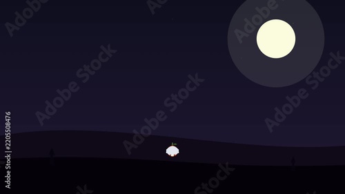Minimalist 2D Animation of a Cute Character Bouncing Across a Dark Night Landscape