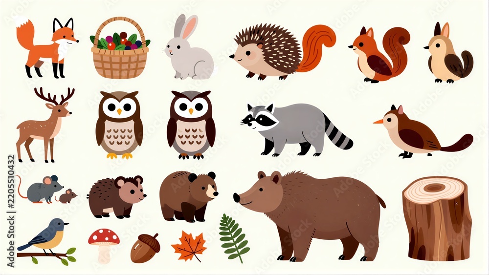 Obraz premium Cute forest animals and nature elements in a colorful, cartoon style.