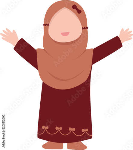 Cheerful Muslim Girl Wearing Hijab and Traditional Dress with Arms Wide Open, Concept of Welcome and Inclusivity, Cartoon Illustration
