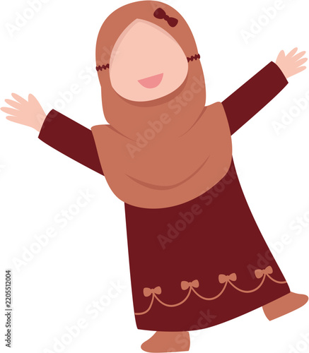 Cheerful Young Muslim Girl in Hijab and Traditional Dress Celebrating with Open Arms and Joyful Expression, Isolated Vector Illustration for Cultur...