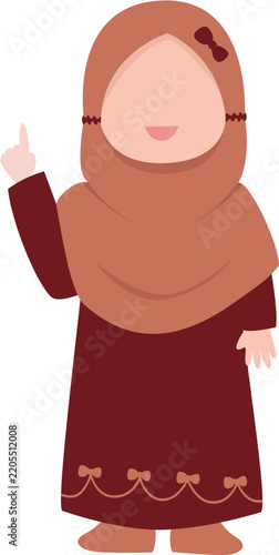 Muslim Girl in Hijab Pointing Up, Smiling, Celebrating Islamic Culture and Education, Vector Illustration for Children's Books and Social Media
