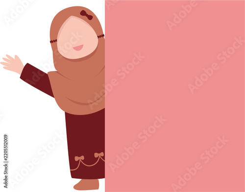 Cheerful Young Muslim Girl Wearing Hijab Invitingly Waving from Behind a Blank Pink Space for Text