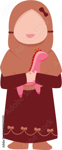 Young Muslim Girl in Hijab Holding a Pink Toy Dinosaur, Childhood Innocence and Playful Imagination, Cute Islamic Children Illustration