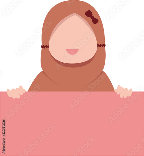 Muslim Woman Wearing Hijab Holding Blank Pink Sign for Text and Design, Islamic Culture Representation, Modern Flat Illustration Style