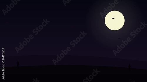 Minimalist Night Landscape with Flying Bats and Full Moon