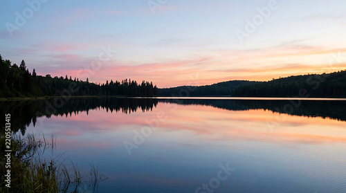Calm lake water reflecting pink sunset sky with distant forest silhouette