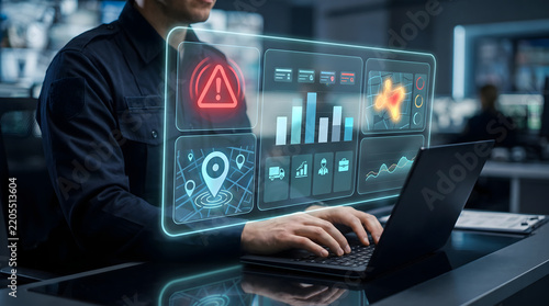 Officer using laptop with emergency response system interface showing alert warnings and location tracking data