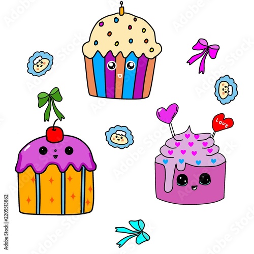 Cute Kawaii Birthday Cupcakes and Colorful Cakes