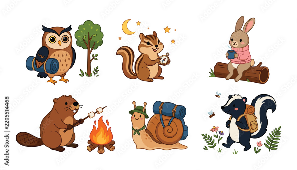Obraz premium Cute woodland animal camping vector icon set featuring cartoon owl squirrel rabbit beaver snail and skunk on outdoor adventure