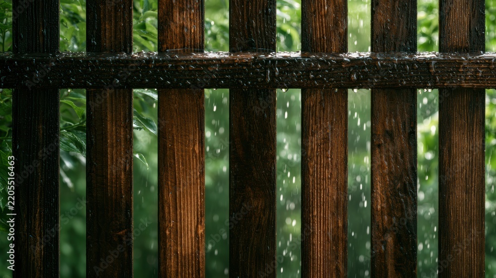 Fototapeta premium Water droplets sit on the wet wooden fence boards in the garden after rain with greenery shining under the soft light.