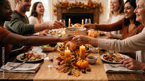 Multigenerational Family Sharing Warm Thanksgiving Dinner Around Autumn Table With Candles